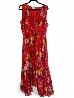Johnny Was Jade Silk Floral Multicolor V-Neck Asymmetrical Ruffle Maxi Dress